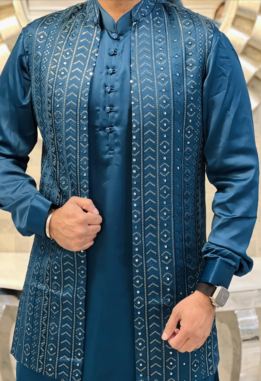 Mens Wear - Long Aqua Green Jacket with matching Kurta and pants Set
