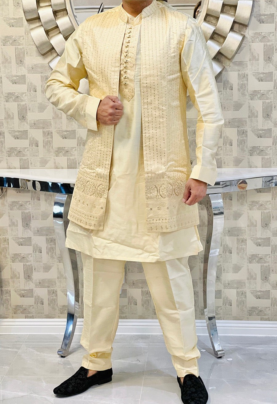 Mens Wear - Long Offwhite Jacket with matching Kurta and pants Set
