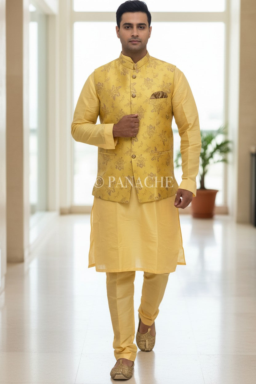 Panache yellow kurta pajama jacket set with floral print waistcoat and pocket square. Men's ethnic wear.