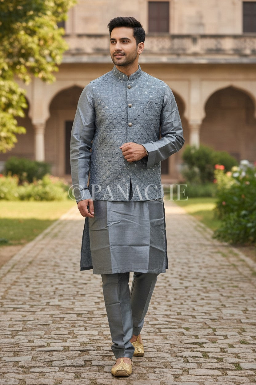 Panache By Divya grey silk kurta pajama set with embroidered Nehru jacket. Traditional Indian menswear.