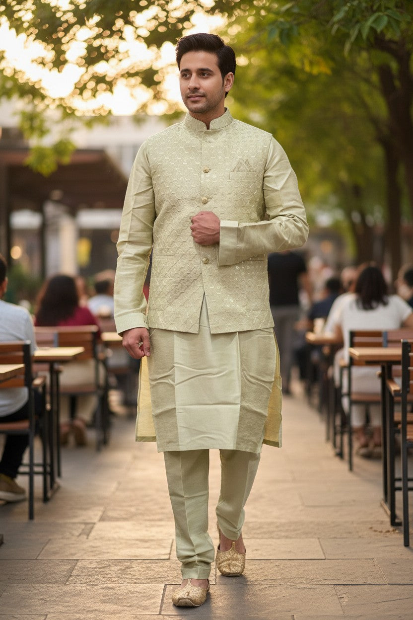 Panache By Divya light green silk kurta pajama set with embroidered jacket and gold accents. Traditional Indian menswear.
