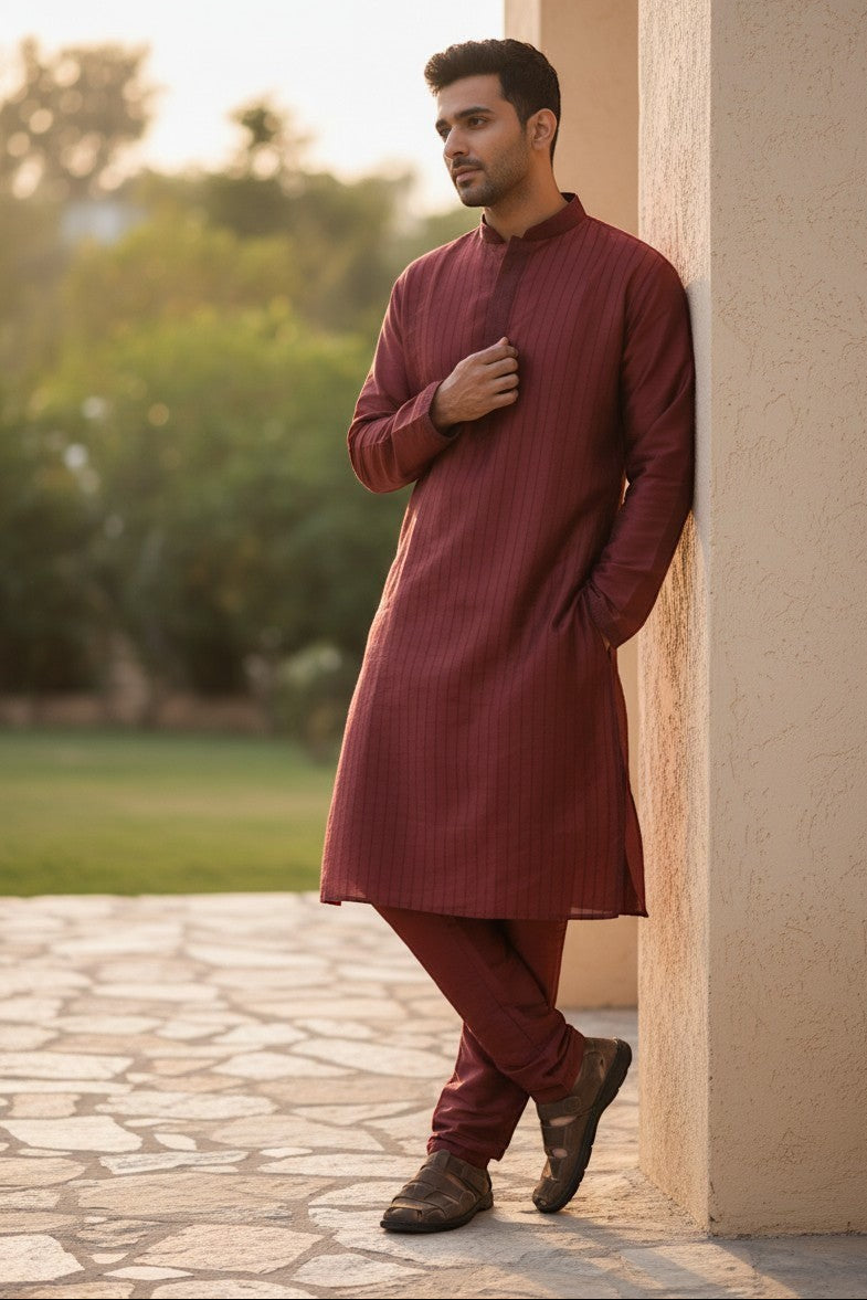 Panache By Divya men's maroon silk blend kurta pajama set with vertical pintuck detailing and mandarin collar.