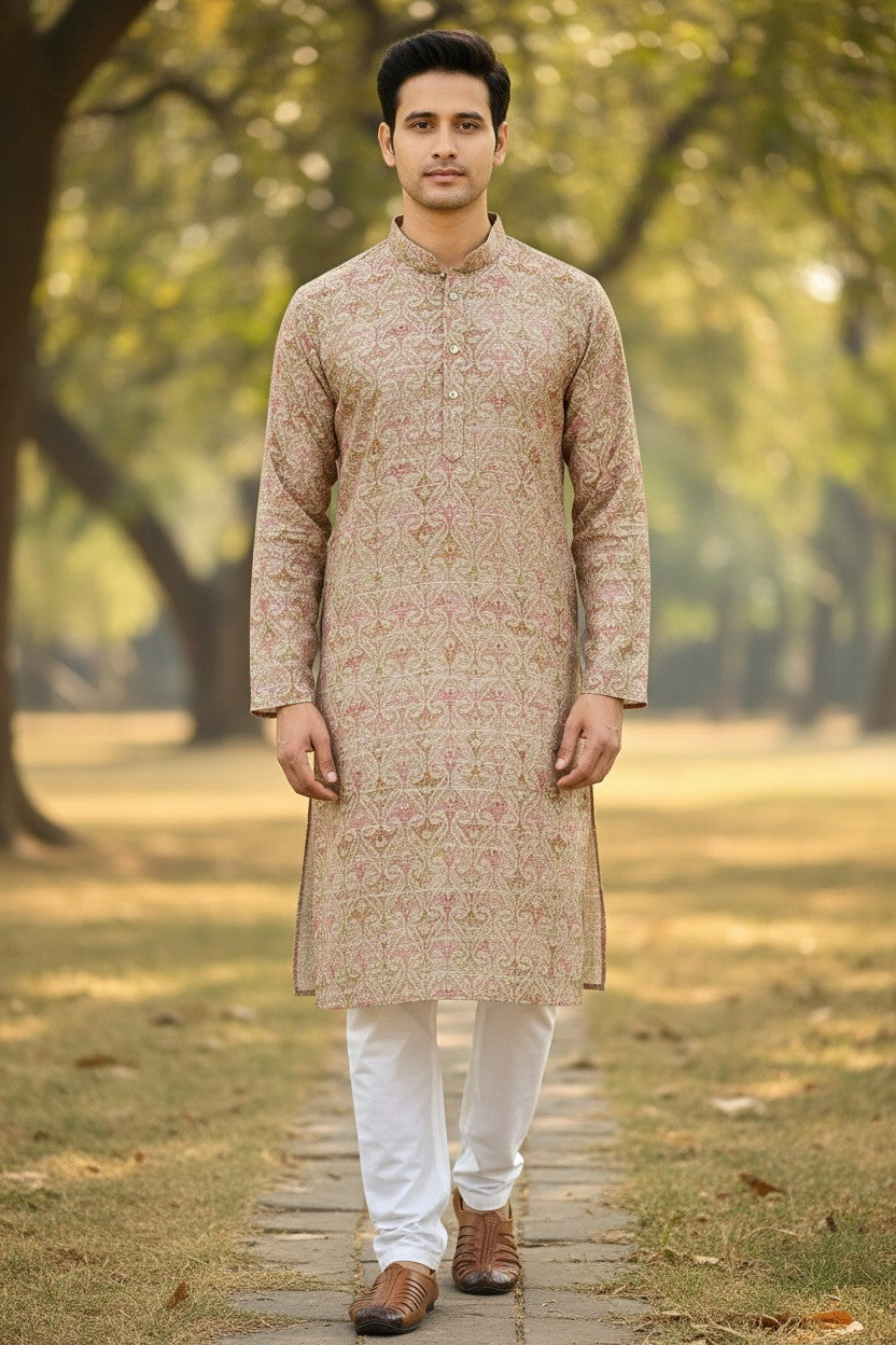 PanacheByDivya men's beige kurta pajama set with pink and green ornate pattern, mandarin collar, button down front.