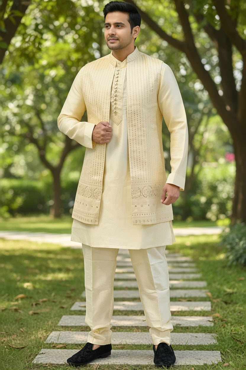 PanacheByDivya off-white silk embroidered kurta, pants, and long jacket set for men. Festive wear.