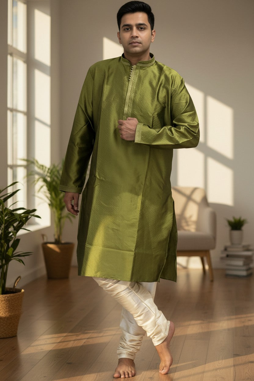 Panache By Divya olive green silk kurta payjama set with textured fabric and cream churidar.