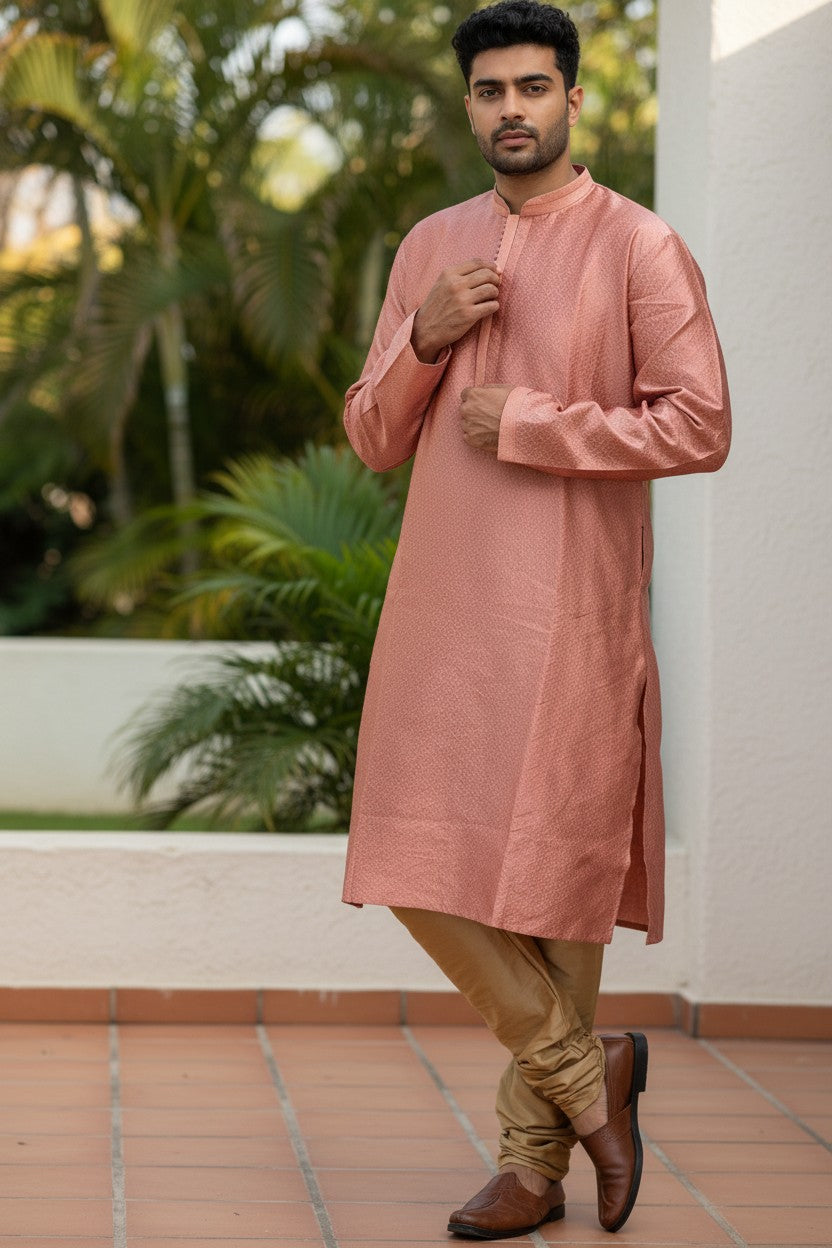 Panache By Divya peach textured kurta payjama set with button detail on neckline and matching trousers.